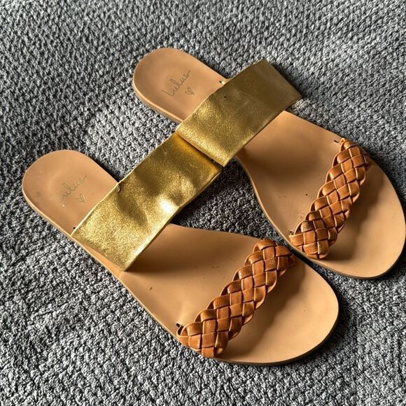 Lulus Caylee Gold Cognac Leather Flat Sandals Size 7.5 Braided Summer Slip-On - Picture 2 of 10